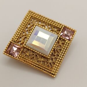 SOLD 1928 BRAND Square Amethyst Glass Fx MOP Filigree Vintage Brooch EVC